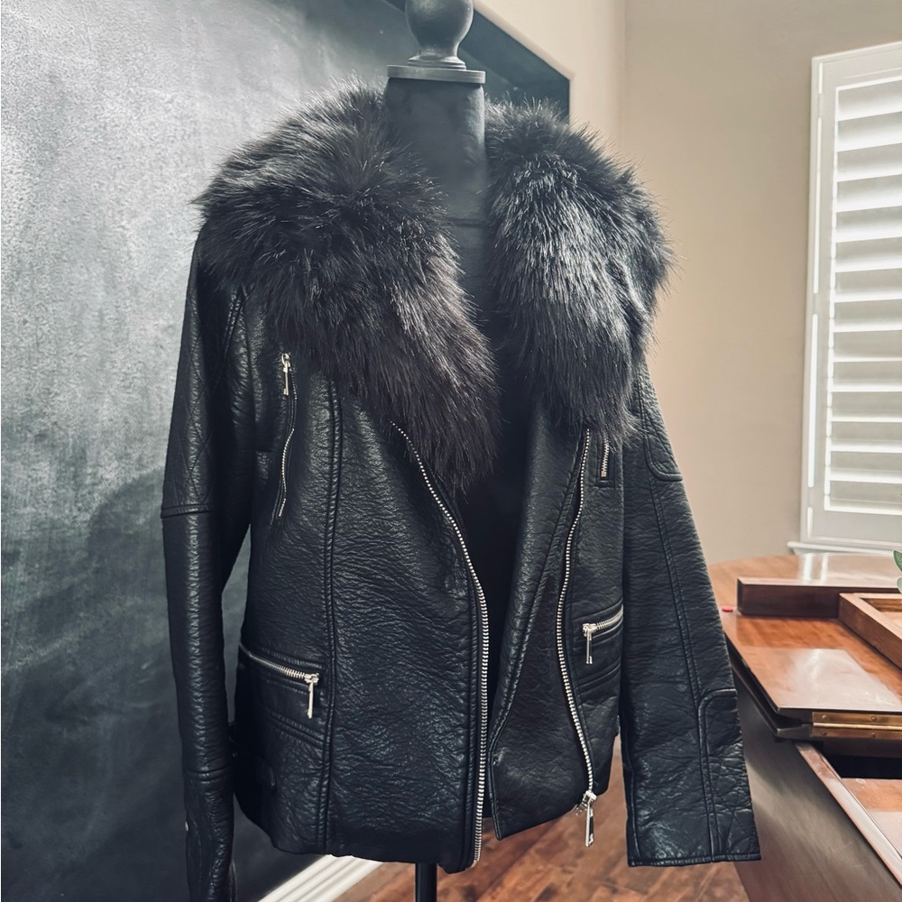 Black Leather Jacket with Fur Collar